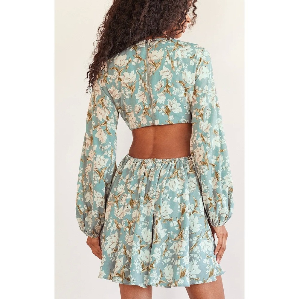 Lulus Dress Women Medium First Blooms Dusty Blue Floral Print Long Sleeve Cutout - Picture 3 of 13